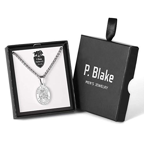 P. BLAKE Oval Saint Christopher/Michael/Joseph/Jude/Virgin Mary/Joseph/Francis/Patrick/Anthony/Benedict/Thomas Necklace for Men Women, Stainless Steel Catholic Patron Pendant with Chain 24 Inches