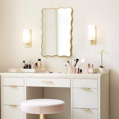 Image of Gold Wavy Bathroom 20x30 Rectangle Scalloped Farmhouse Wall Mirror