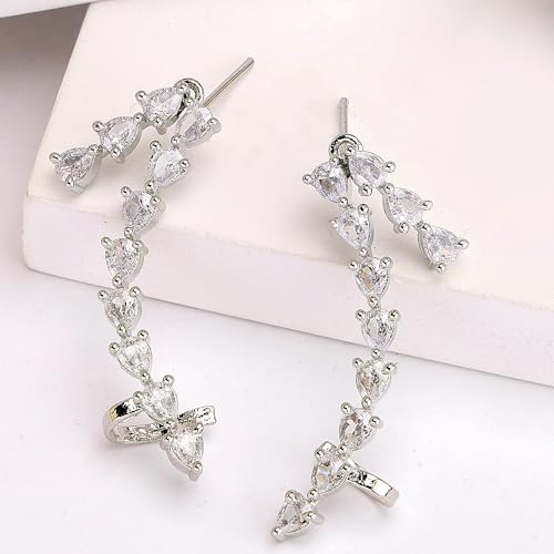 Image of ZENEME Rhodium-Plated Silver toned Brass White Floral Vine Ear Cuff Earrings for Women & Girls Crystal Ear Climber Contemporary Jewellery