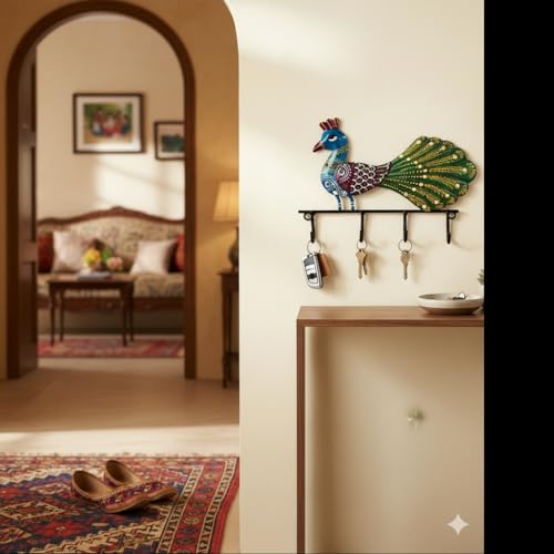 Image of Lamcy Plaza Handcrafted Peacock Wall Mounted Key Holder with 5 Hooks | Decorative Metal Key Hanger for Home Entrance, Living Room, Office, Entryway & Wall Decor