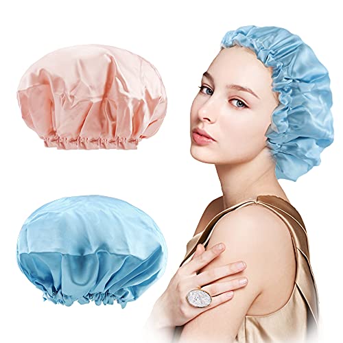 TCOTBE 2 Pieces Double Waterproof Layers Bathing Shower Hat,Elastic Reusable Bathing Hair Cap,Beauty Salon Spa Shower Caps Lace Elastic Band Flower Printed Hat Environmental Protection Hair Bath Caps