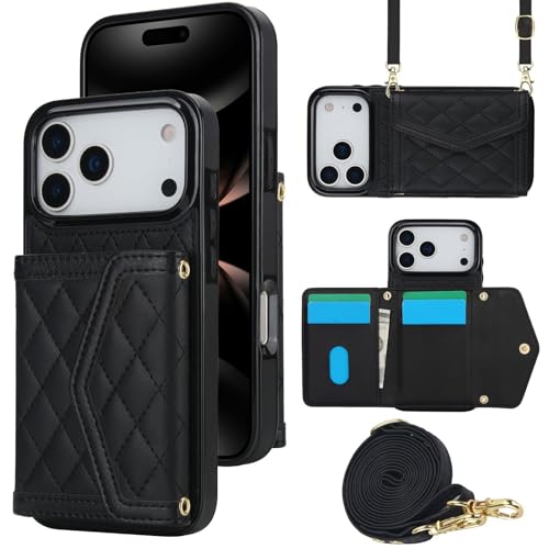 Étui portefeuille iPhone 14 en cuir noir avec bandoulière amovible