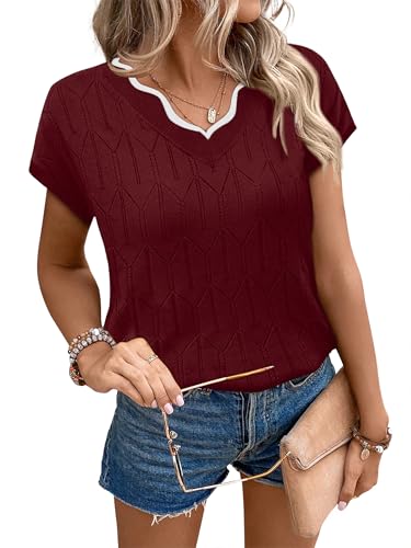 Image of WIHOLL Womens Summer Tops Cap Sleeve Sweater V Neck Shirts Beach Vacation Clothes Business Casual Fashion Clothing
