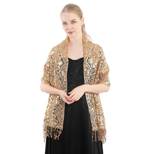 Womens Elegant Sequin Embroidered Evening Shawl Wrap Sparkly Lace Sheer Cape Cover Up Scarf for Wedding Prom Cocktail Party