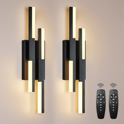 Benkut Modern LED Vanity Lights Set of 2, Black Wall Sconce with Remote Control Dimmable Indoor Wall Light Bedside Remote Sconce for Bedroom Bathroom Living Dining Room (2 Pack H19.7’’)