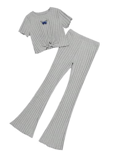 Image of Floerns Girls 2 Piece Outfit Twist Hem Tee Shirt and Flare Leg Pants Set
