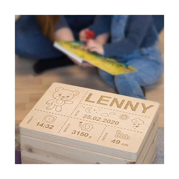 LAUBLUST Erinnerungsbox Baby Personalisiert - Teddybär - Geschenk zur Geburt | M - ca. 30x20x14cm, Holzkiste Natur FSC® – Bild 5