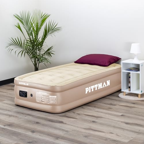 Image of Pittman - Tan Air Mattress Twin with Built in Pump - 18 inch Double High Twin Air Mattress with Built in Pump That Inflates & Deflates - Twin Blow Up Air Mattress is Ideal for Guests or Camping
