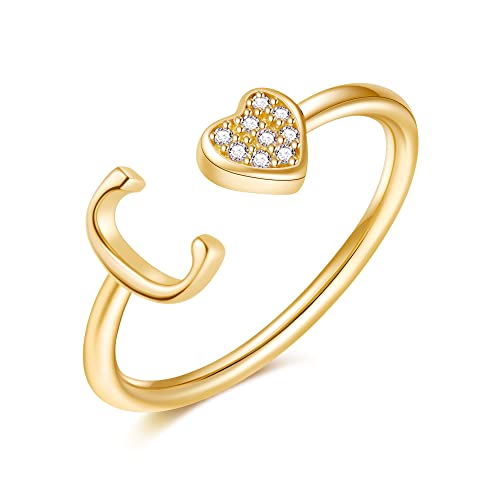 Image of Initial Rings for Teen Girls - S925 Heart Sterling Silver Rings for Teen Girls | 14K Gold /Rose Gold /Sterling Silver Plated Ring for Girls Kids Women Ring for Teenager Girls Gifts Adjustable, No Tarnish, Hypoallergenic