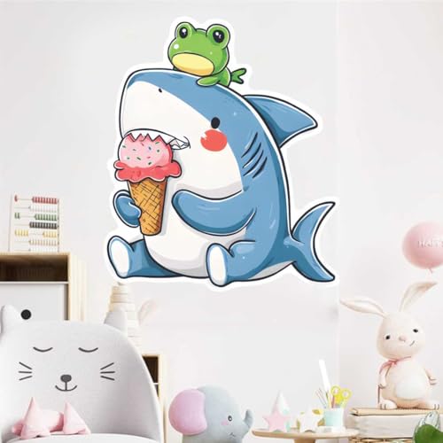 Image of Cute Shark with Ice Cream Wall Sticker | Cartoon Sea Animal Self Adhesive Wall Decal for Ki-ds Room, Nursery, Bedroom & Playroom Decoration