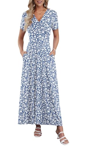 AUSELILY Maxi Dresses for Women Ankle Length Floral Print Beach Long Flowy Dress with Pockets Gray Blue Flower L