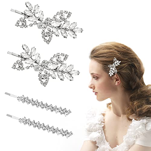Pinces à Cheveux, 4Pcs Pince à Chignon Strass Argenté Strass Barrette Argent Cheveux Femme la Mariée Barrette Clip Pinces à Cheveux en Forme de Feuille Cover