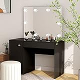 Gecheer Tocador con Espejo y Bombillas,Tocadores Maquillaje Moderno con Luz,Mesa de Maquillaje Tocador con Luces LED MDF Negro 110x55x145 cm