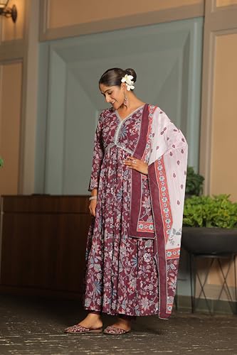 Image of KD Women's Anarkali Floral Printed Kurta Pent Set with Dupatta Anarkali Kurta for Women | Kurta Set | Ethnic Set | Dupatta Set