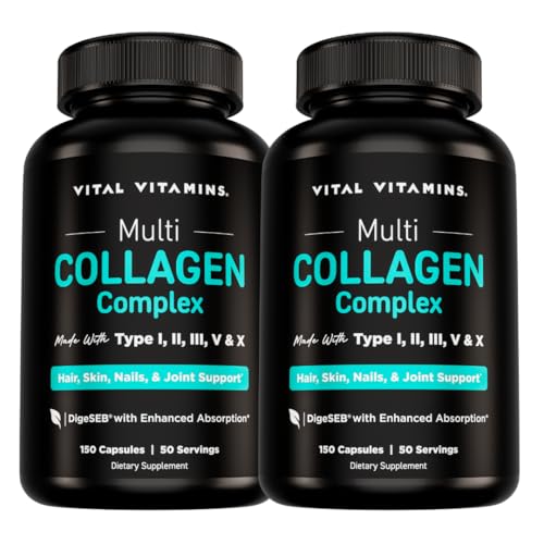 Vital Vitamins Multi Collagen Pills for Women & Men (2-Pack) - Hydrolyzed Collagen Peptides - Type I, II, III, V, X - Grass Fed, Non-GMO