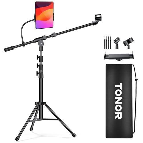 TONOR Soporte de Micrófono con Soporte para Tableta y Móvil, Trípode Suelo con Altura y ángulo Ajustables, Soporte Resistente para Conciertos Videoconferencias Escenarios con Bolsa de Transporte, T35