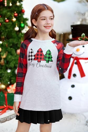 BesserBay Christmas Girls Funny Plaid Raglan Long Sleeve Shirt 4-14 Years3