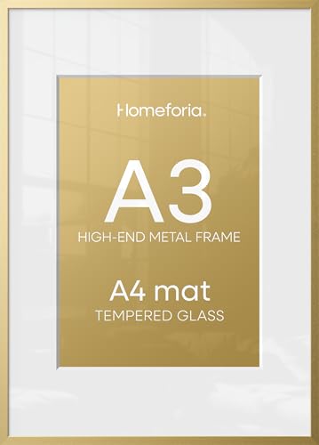 Image of Homeforia A3 Gold Picture Frame, High-End Metal, A4 Mat, Glass | High End Aluminum, Tempered Glass, Acid-Free A4 Removable Mat, A3 Edge-to-Edge Display, Wall Kit, Set Of 3