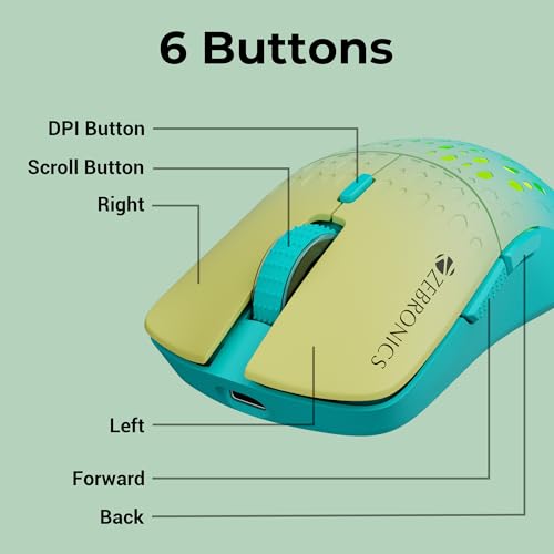 Image of ZEBRONICS Marine Wireless Mouse with Rechargeable Battery, BT + 2.4GHz, 6 Buttons, 4 DPI, 1000 /1600 /2400 /3200, Comfortable & Ergonomic Design, Multicolor LED Lights (Green)