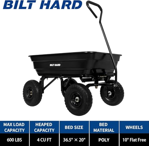 Image of BILT HARD 4 Cu.Ft. 10 inch No-Flat Tires Poly Yard Dump Cart with 180 Rotating Handle, 600 lbs Capacity Heavy Duty Garden Carts and Wagons
