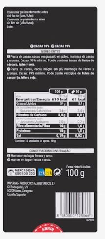 Chocolat noir 99% cacao Hacendado Tablette de 100 g – Lot de 6