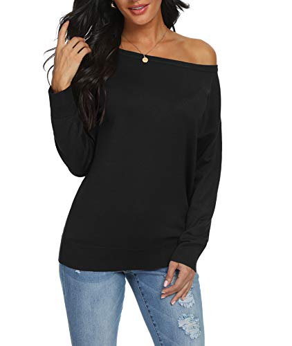 LILBETTER Women's Off Shoulder Sweater Boat Neck Long Sleeve Loose Pullover Knit Jumper(Black X-Small)