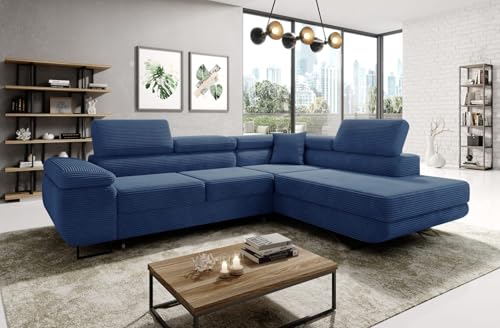 MODERNO Ecksofa mit Schlaffunktion aus Cord - Big Sofa ASTORP - Couch L Form - Schlafsofa mit Bettkasten und Kopfstützen - 277x203x100 cm - Rechts - Blau - Poso 05 MODERNO Ecksofa mit Schlaffunktion aus Cord - Big Sofa ASTORP - Couch L Form - Schlafsofa mit Bettkasten und Kopfstützen - 277x203x100 cm - Rechts - Blau - Poso 05
