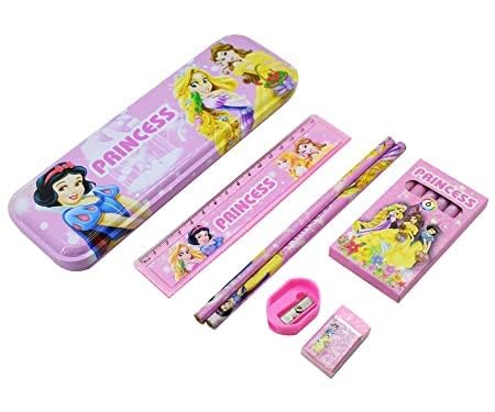 Image of Princess Stationary Kit with 1 Pencil Box Case 2 Pencils 6 Crayon Colors 2 Space Gel Pen 1 Ruler Scale Eraser Sharpener Kit for Kids (Character As Per Available)
