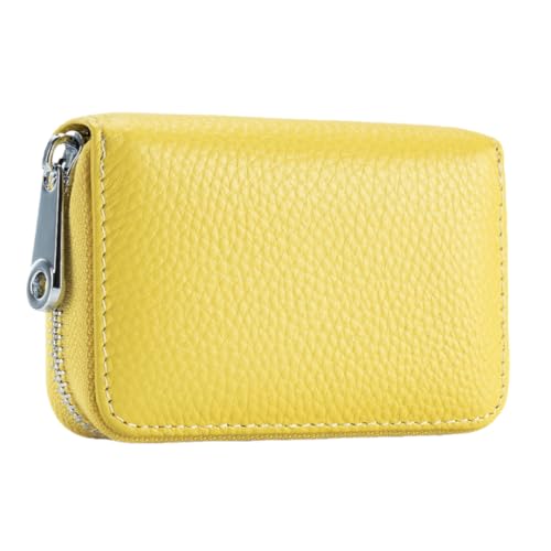 Image of Leather Wallet Zipper Accordion Mini Card Holder RFID Anti-theft Magnetic Brush Purse Bag for Women and Men (Yellow)