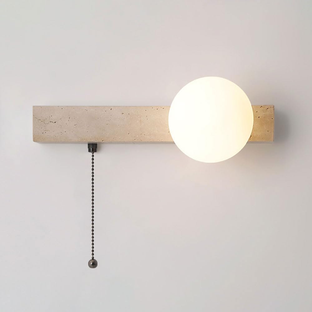 SXECAEPS Globe Glass Wall Light Nordic Sconce with Pull Cord Natural Stone Lamp Yellow Travertine Hardwired Sconces Lighting White for Living Room Bedroom