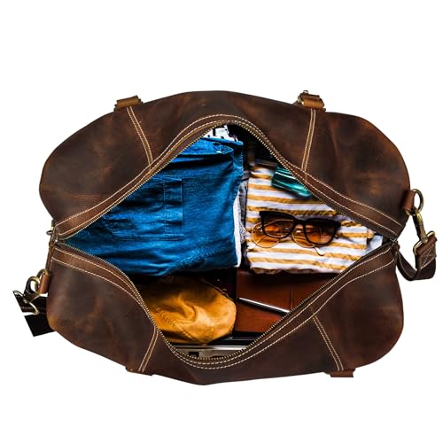 Image of KomalC Leather Duffle Bags for Men and Women Travel Overnight Weekend sports bag holdall Gym Duffel for Men (Dark Tan, 20 Inch)