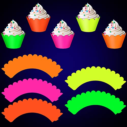 Spakon Glow Party Neon Party Supplies Neon Cupcake Wrappers for Glow Neon Birthday Party Wedding Decoration Black Light Reactive Party Halloween, 5 Colors (15 Pieces)