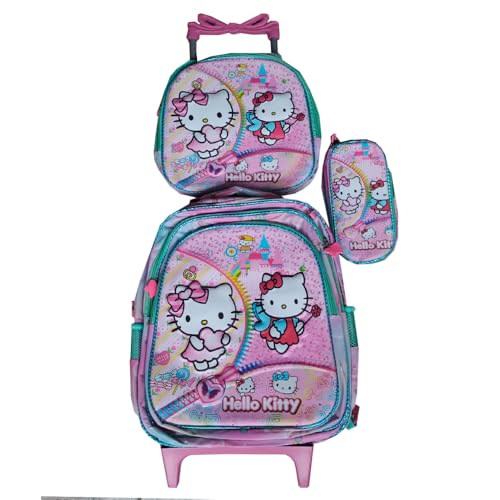 Kit Mochila Infantil Feminina com Rodinhas em 3D + Lancheira Térmica + Estojo Escolar Hello