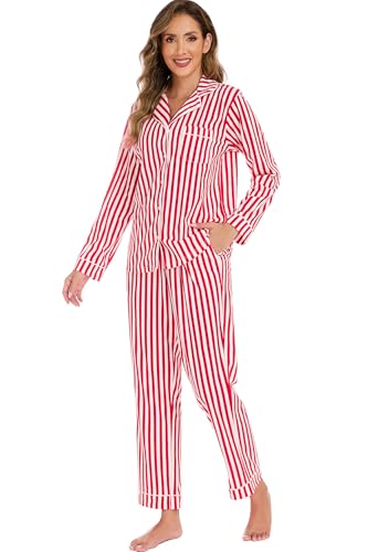 Image of LUBOT 100% Cotton Pajamas for Women 2 Piece PJ Set Button Down Long Sleeve Soft Comfy with Pockets Printed Patterned Sleepwear Loungewear (Red Stripe, XS)