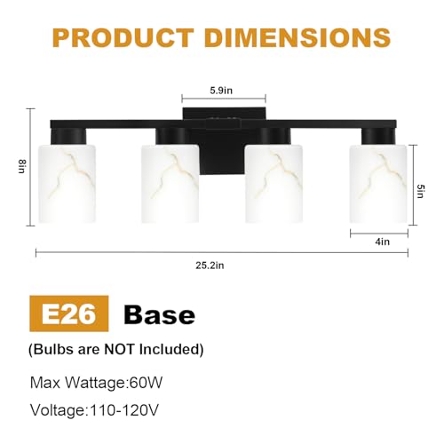 Image of 4-Light Bathroom Light Fixtures, Modern Vanity Lights, Black Metal Wall Lamp with White Marble Glass for Bathroom, Mirror, Living Room, Bedroom, Cabinet, Porch, Hallway, E26 Base