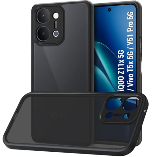 Image of TheGiftKart Hybrid Shockproof Back Cover Case for iQOO Z11x 5G / Vivo T5x 5G / Vivo Y51 Pro 5G | Camera Protection Bump | Smoke Black Matte Hard Translucent Back Cover Case (PC & TPU, Black Bumper)
