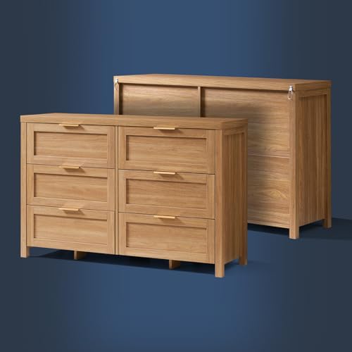 OAKHAM HOME Wood Dresser, Rustic Brown Dresser 47\" Wide 6 Drawer Double Dresser Vintage Wooden Chest of Drawers for Bedroom, Living Room, Hallway (Weathered Oak) - Thumbnail 5