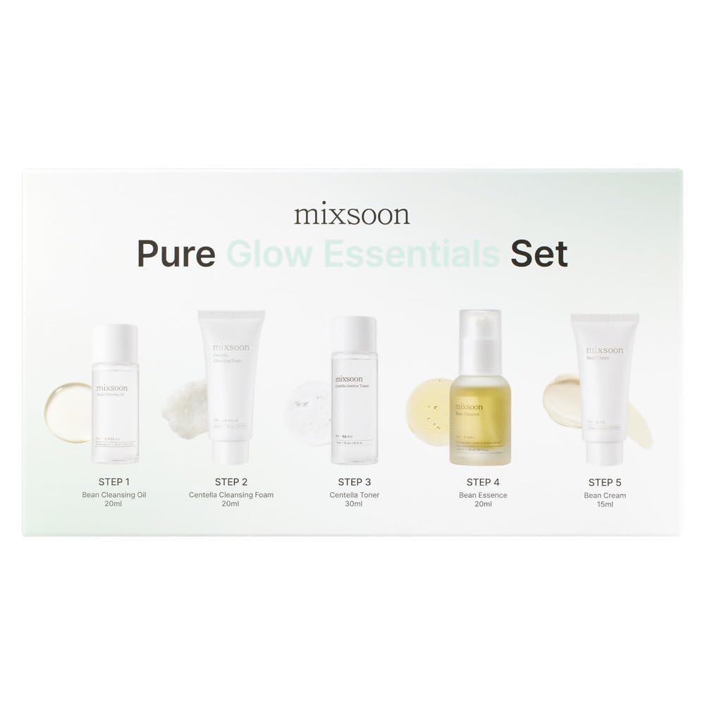 mixsoon Pure Glow Essentials Set-5-Step Skincare Kit - Hydrating Skincare Gift Set, Cleansing Oil, Foam, Toner, Essence, Cream (15ml*1+20ml*3+30ml*1)