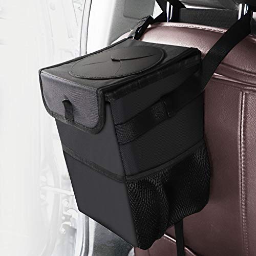 Caferria Car Trash Can Garbage Bag with Lid and Storage Pockets Hanging Car Garbage Bag Collapsible Portable Leak-Proof Vinyl Inside Lining
