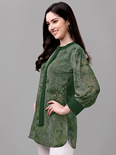 Image of Gufrina Women's Georgette Apple Cut Short Kurti with Long Puff Sleeves Western Style Keyhole Neck Solid Pattern Regular Fit and Mid Thigh Length