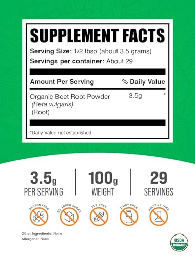 Image of BulkSupplements.com Organic Beet Root Powder - Beet Juice Organic, Beet Powder Organic, Beetroot Supplement - Vegan & Gluten Free, 3500mg of Organic Beet Powder per Serving, 100g (3.5 oz)