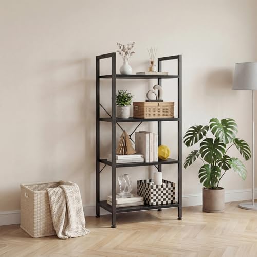 Image of DUMOS 4 Tiers Open Bookshelf, Classic Freestanding Tall Display Shelf, Multifunctional Storage Organizer Rack for Living Room Home Office, Sturdy Bookcase for CDs /Books /Movies, Black