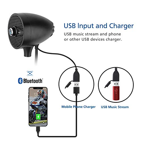 LEXIN LX-S3 New Metal Motorcycle Bluetooth Speaker with FM Radio, Motorcycle Audio Systems with USB Port for Charging, Fit 0.87 to 1.25 inch Handlebar for Harley-Davidson Yamaha Indian Scout, Black