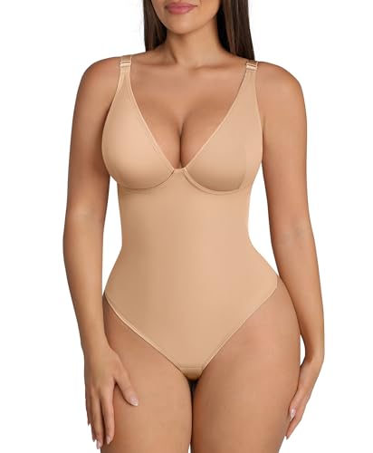 Image of FeelinGirl Shapewear Bodysuits for Women Tummy Control Body Suits Deep V Neck Thong Body Shaper