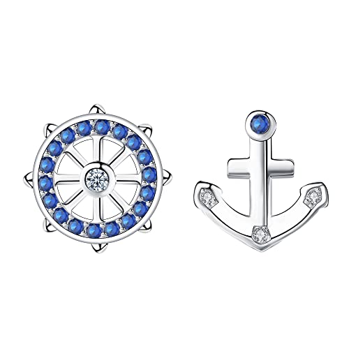 Arrebol Boucles d'oreilles Ancre et Gouvernail Femme Argent Sterling 925, Boucles d'oreilles Asymétriques avec Zirconium pour Femmes Cadeaux