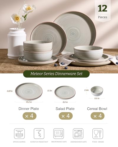 Image of Famiware Meteor Plates and Bowls Sets for 4, 12 Pieces Dinnerware Sets, Microwave and Dishwasher Safe Dishes Set, Matcha Green