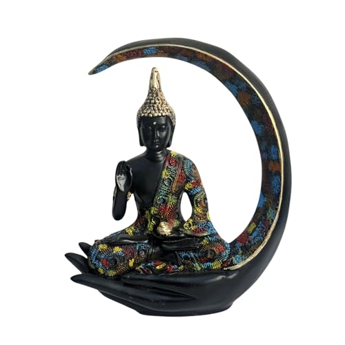 Image of eCraftIndia Multicolor Resin Blessing Buddha Statue Sitting On Half Moon Palm | Lord Buddha Idol for Home Decor Living Room Office | Showpiece Gift for Diwali Buddha Purnima Birthday