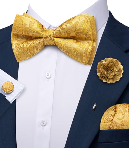 Image of YOHOWA Mens Bow Tie Paisley Coloful Pre-tied Bowties Handkerchief Cufflinks