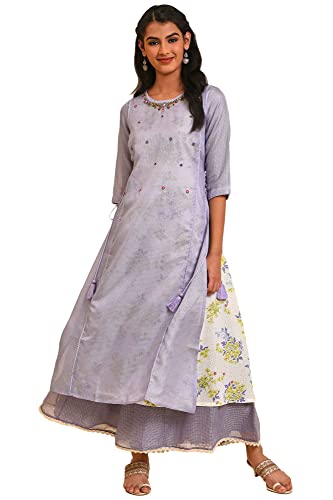 W for Woman Purple Kota Layered Printed Kurta