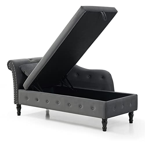 Luckhao Chaise Lounge Indoor,Velvet Lounge Chair For Bedroom With Storage & Pillow,Modern Upholstered Rolled Arm Chase Lounge For Sleeping With Nailhead Trim For Living Room Bedroom Office(Grey) #TOP2